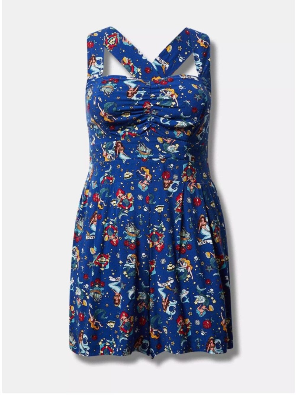 Torrid Retro Challis Halter Romper Tattoo Mermaid Pin Up Size 2